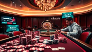 Experience the thrill of gambling at https://thabets.it.com/ with a vibrant poker table and roulette wheel.