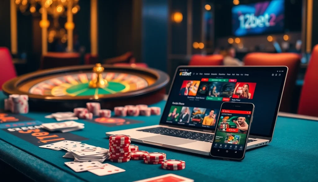 Experience thrilling online gambling with 12bet at a luxurious casino table showcasing sports betting and casino games.
