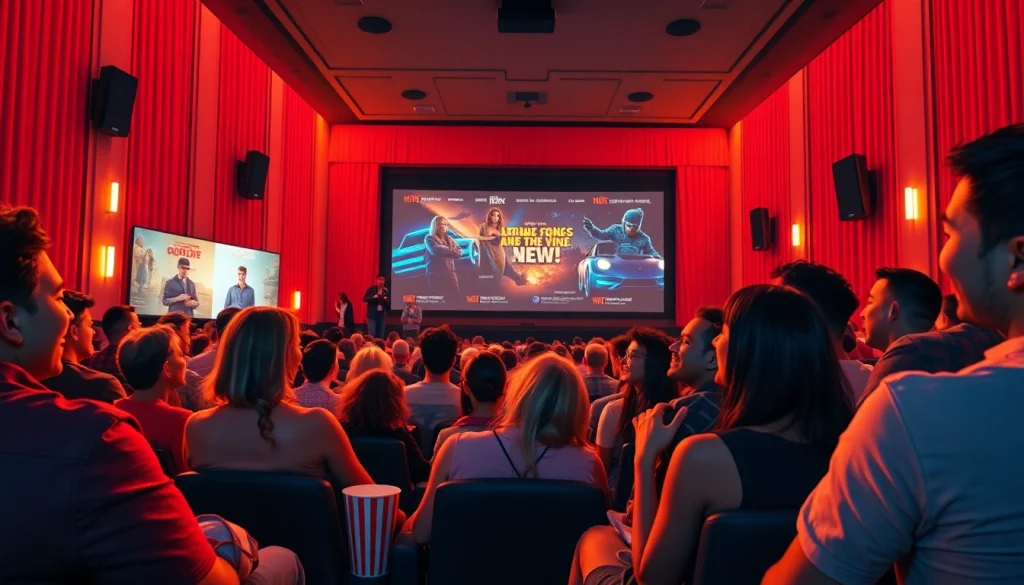 Enjoying filme noi in a vibrant cinema atmosphere filled with laughter and excitement.