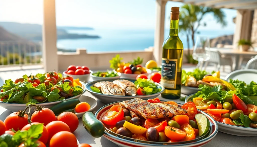 Savor the mediterranean diet with a colorful array of fresh Mediterranean dishes displayed invitingly.