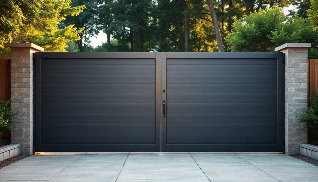 Showcase of custom steel gates enhancing residential security and style in an elegant setting.