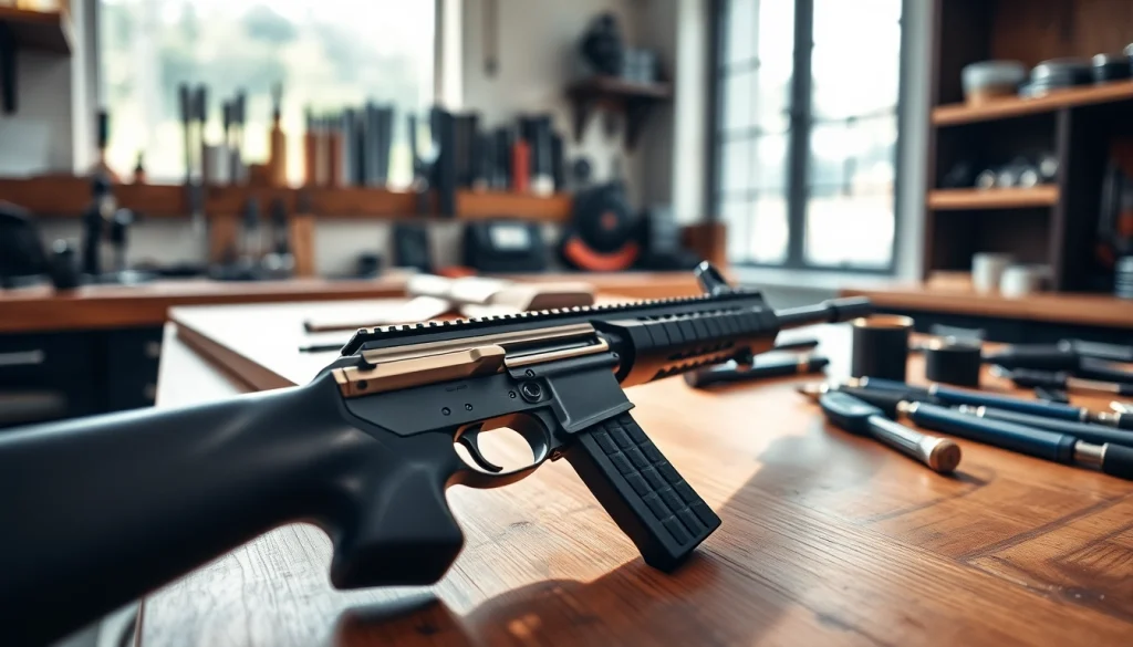 Showcase the AR 10 trigger with fine details in a well-lit workshop environment.