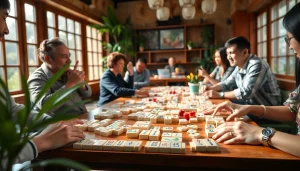 Menampilkan demo mahjong dengan pemain yang antusias di kafe dengan cahaya alami.