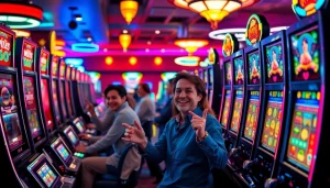 Menampilkan Istana777 Situs dengan pemain kasino yang bersemangat merayakan kemenangan di mesin slot.