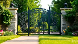 Explore stunning custom steel gates elegantly designed in a serene garden setting.