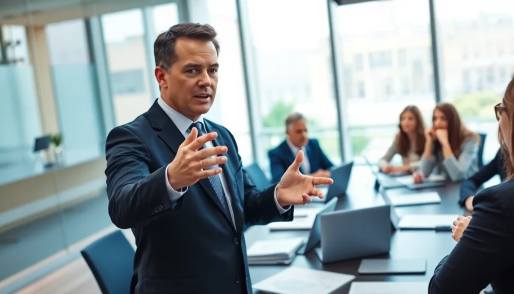 Engaging crisis management consultant explaining strategies in a corporate office setting.