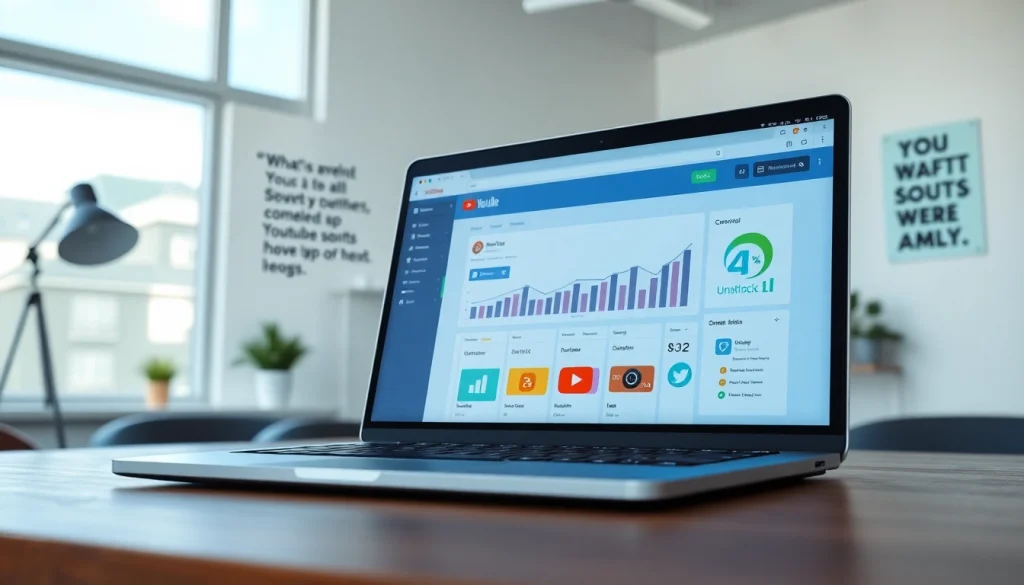 Promoting youtube smm panel with a professional laptop setup displaying social media analytics.