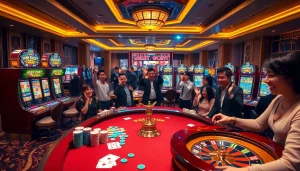 Experience the thrill of agen toto slot with players cheering around a vibrant casino gaming table.