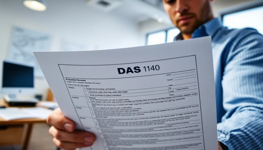 Contractor filling out DAS 140 form in a bright office environment.