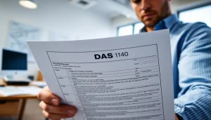 Contractor filling out DAS 140 form in a bright office environment.