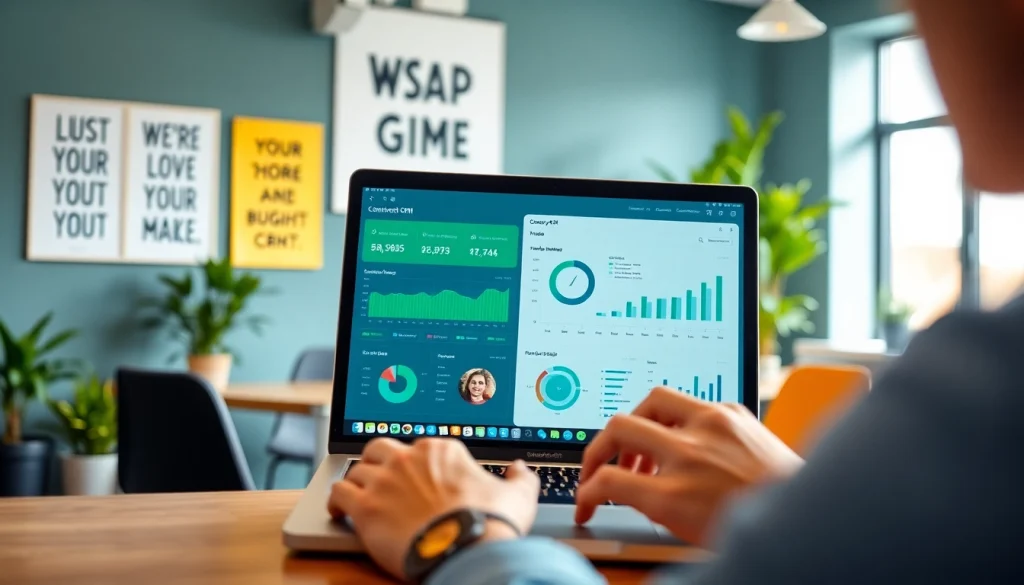 Engaging WhatsApp Smart CRM interface on a laptop in a vibrant office setting.