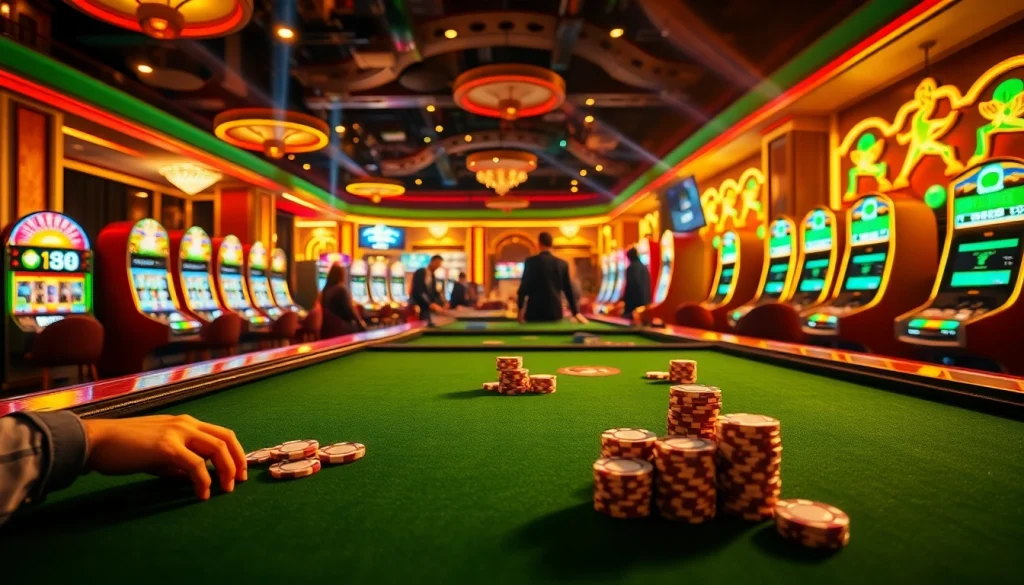 Experience thrilling birutoto gameplay at luxurious casino tables with colorful slot machines and excited players.