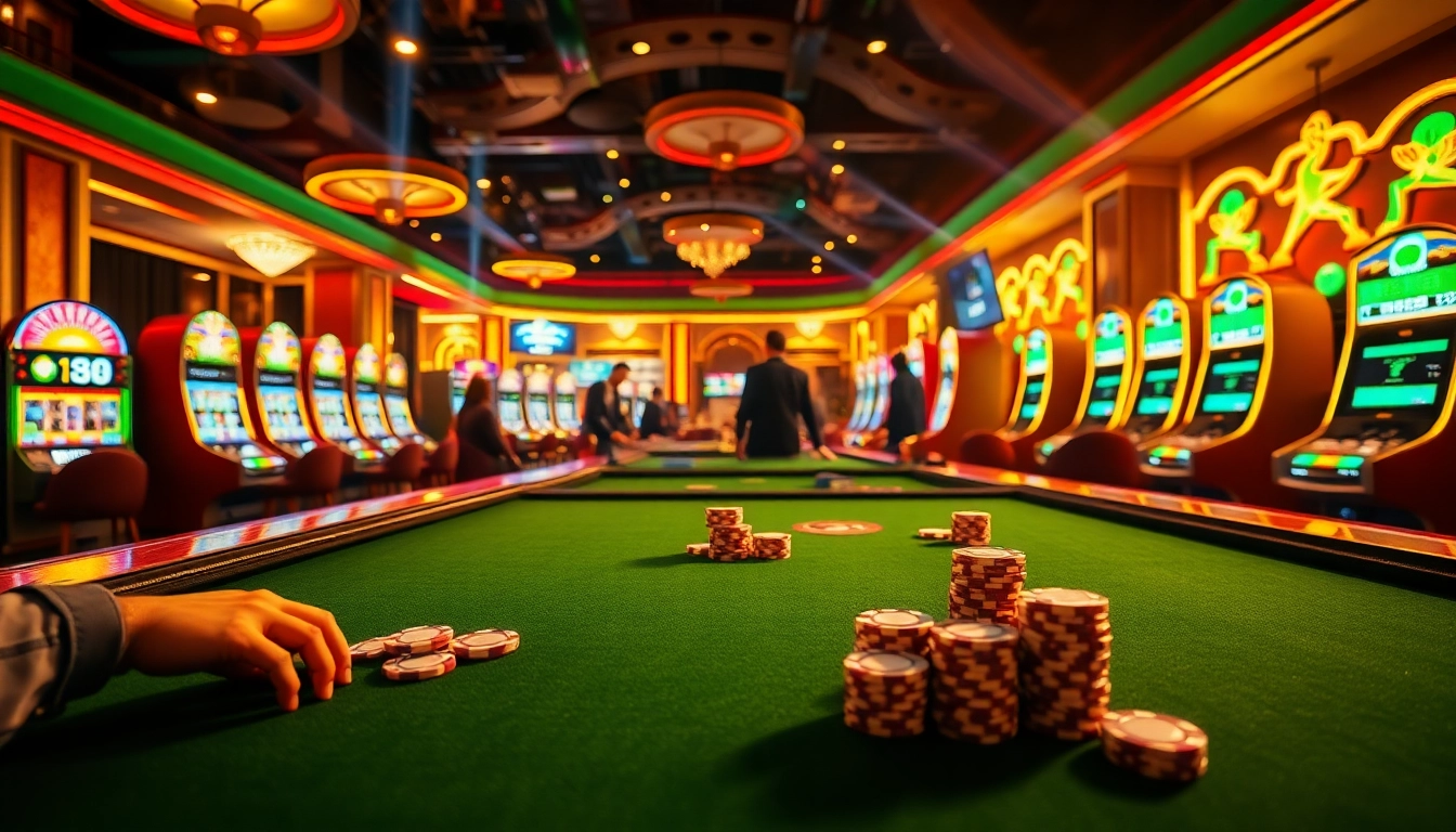 Experience thrilling birutoto gameplay at luxurious casino tables with colorful slot machines and excited players.