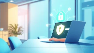 Secure your VPN connection with a user in a professional office setting.