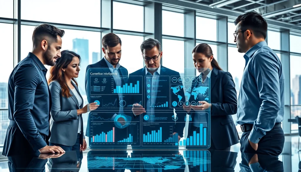 Team analyzing competitive intelligence data in a modern office setting.