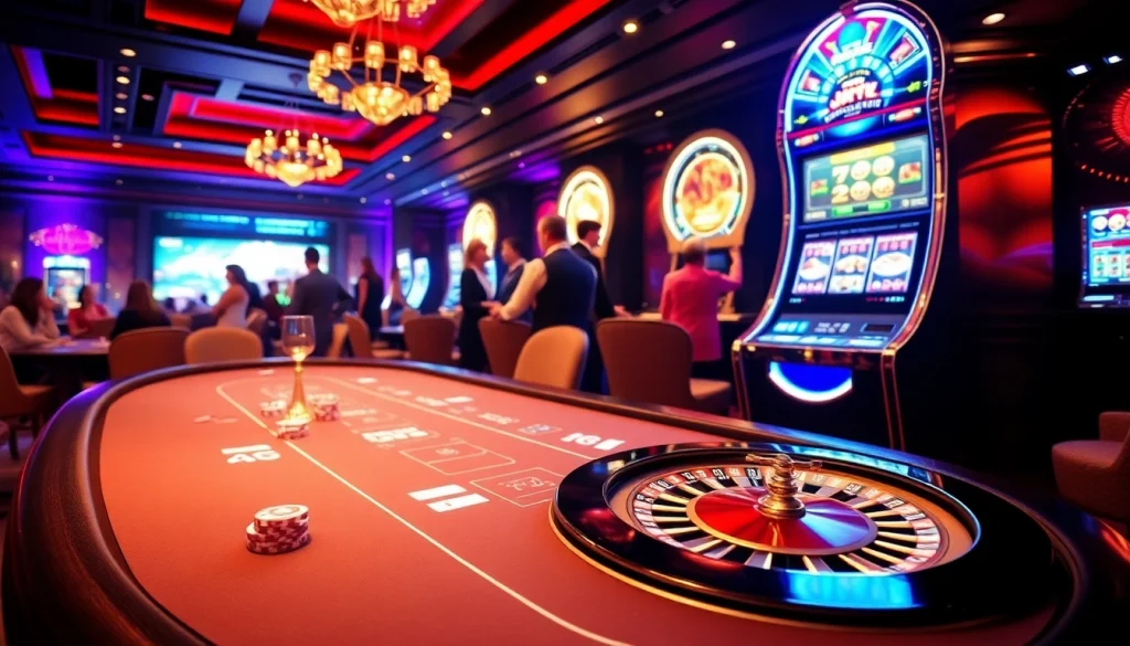 Marvelbet players enjoying an exciting game of blackjack and roulette in a luxurious casino environment.