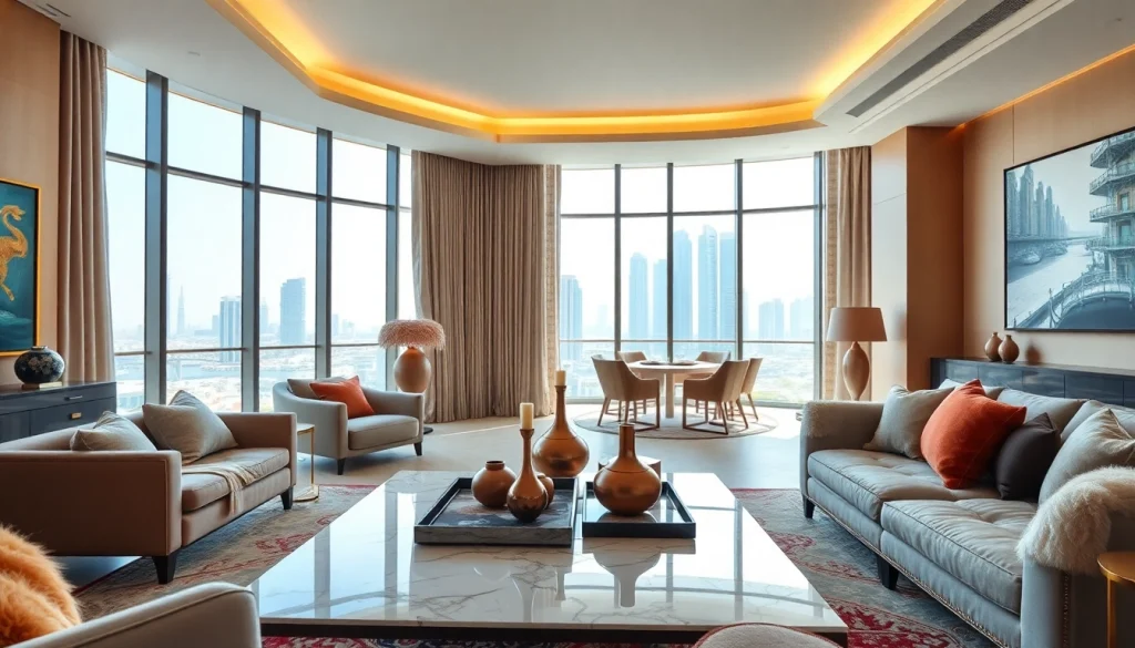 Elegant interior design dubai featuring a luxurious living space with modern furnishings and decor.