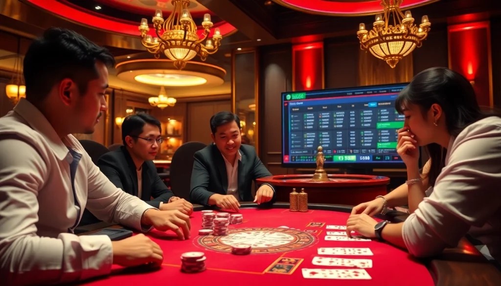 Players enjoying a high-stakes poker game at Babu88 casino, with vibrant chips and cards on the table.