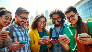 Engaging scene of California sports betting with diverse individuals using mobile apps.