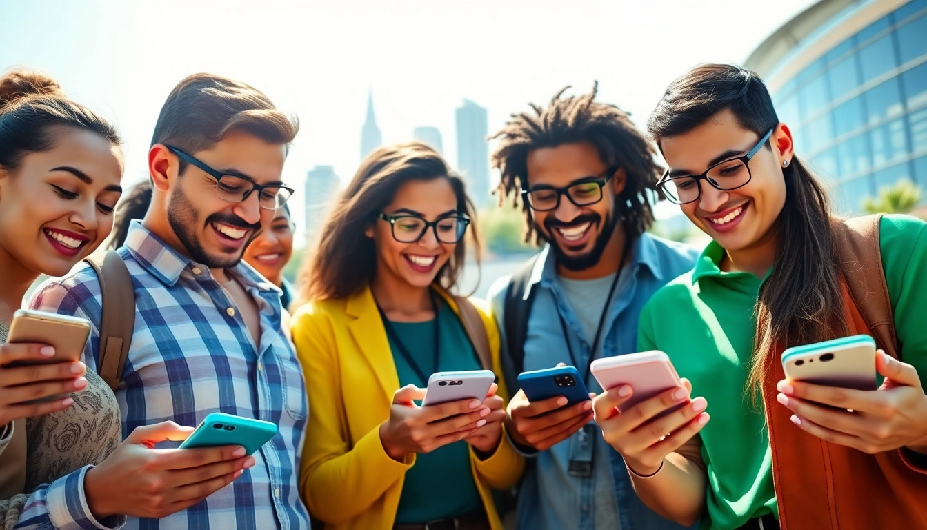 Engaging scene of California sports betting with diverse individuals using mobile apps.