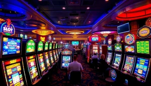 Engaging scene of Slot Terpercaya excitement with vibrant slot machines and casino activities.