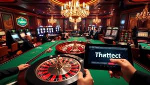 Engage with high-stakes action at https://thabetc.net/, showcasing a vibrant casino scene with roulette and poker gameplay.