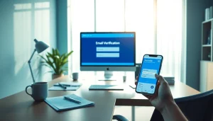 Online email verification software displayed on a modern office desk, showcasing a productive work environment.