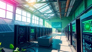 Free cloud mining facility powered by renewable energy with high-tech rigs and digital monitoring.