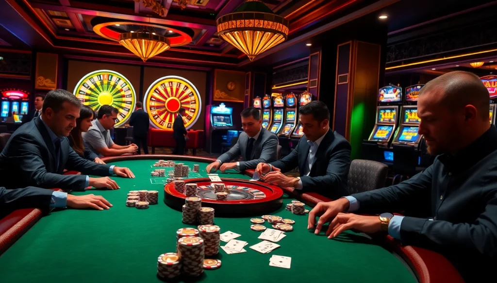 No hu table games with players engaged in high-stakes poker, illuminated by casino lights, creating an exciting gambling atmosphere.