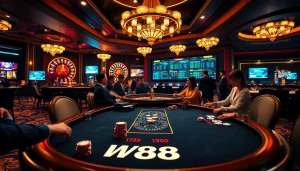 Chơi casino sang trọng tại W88 với các chip poker và bánh xe roulette giữa ánh đèn rực rỡ.