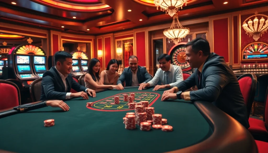 SHBET casino table with players enjoying a vibrant poker game amidst luxurious surroundings