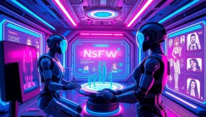 Engaging scene of NSFW AI chatbots in a futuristic interactive environment, showcasing vibrant colors and immersive technology.