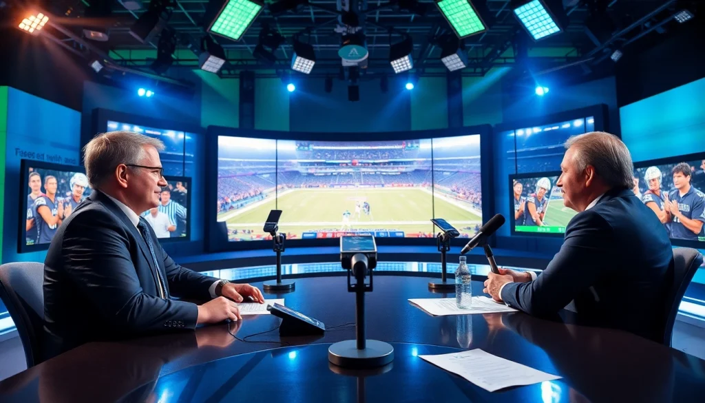Sports Broadcasting analysis in a professional studio with screens displaying game highlights.