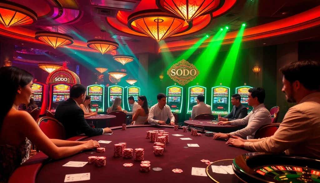 SODO Casino scene with players enjoying poker and vibrant slot machines, highlighting the thrill of gambling.