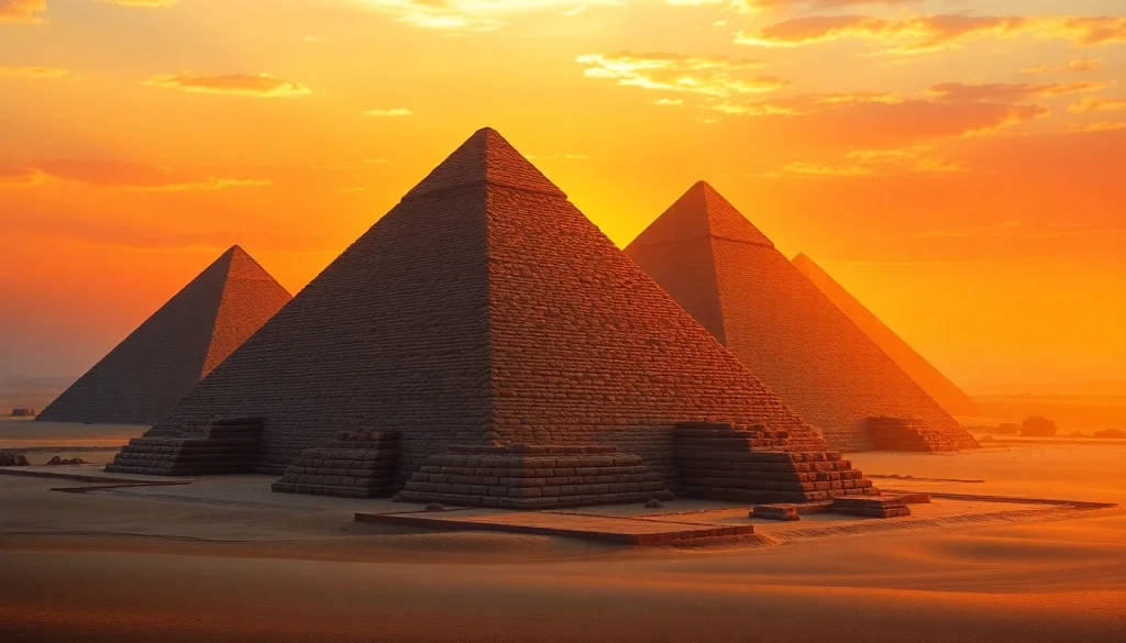 View the majestic Great Pyramids of Giza under a dramatic sunset, emphasizing their ancient beauty.
