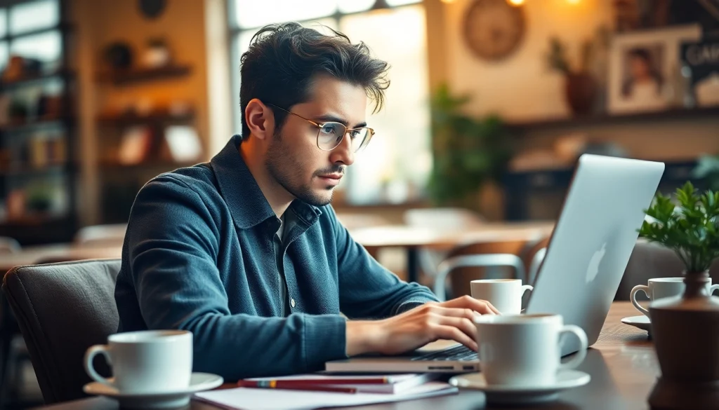 Capture of a journalist immersed in work at https://www.todayville.com in a warm café setting.