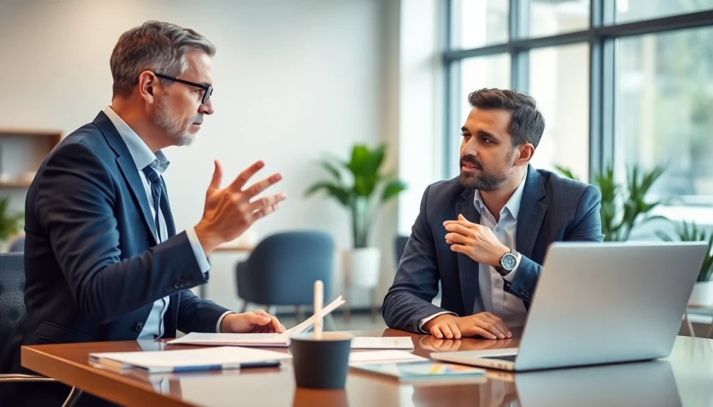 Mengatur deposit 1k dengan penasihat keuangan dalam suasana profesional.