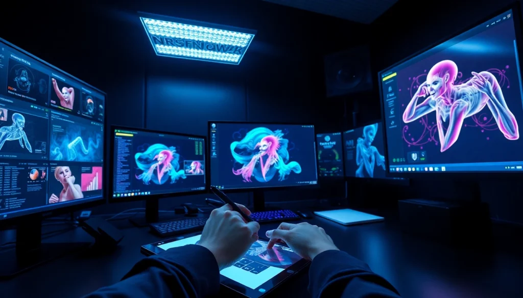 Creating NSFW AI art in a high-tech workspace, featuring modern tools and digital creativity.