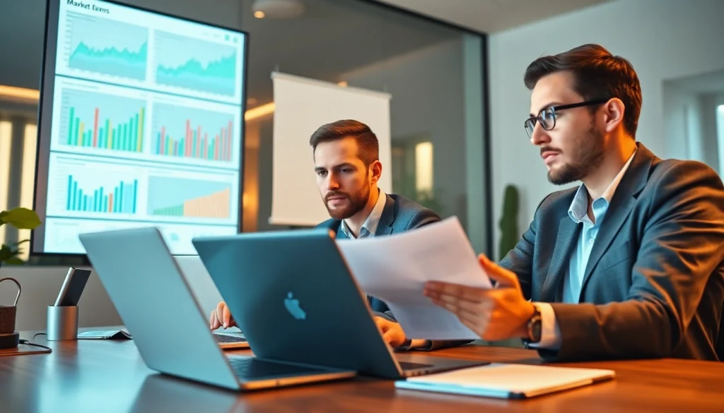 Analyze competitor pricing with professionals examining market trends in a bright office setting.