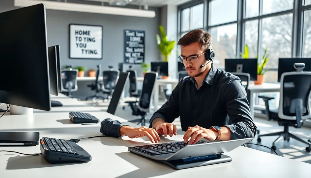 Typing center showcasing a modern workspace with individuals focused on typing tasks.