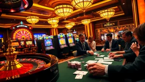 Pemain merencanakan strategi dengan chip Datukwin di suasana kasino yang meriah.