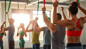 Individuals utilizing pull-up resistance bands in a lively fitness environment, showcasing diverse workouts and energetic atmosphere.