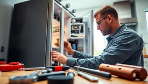 Technician providing refrigerator repair ottawa service in a bright kitchen setting.