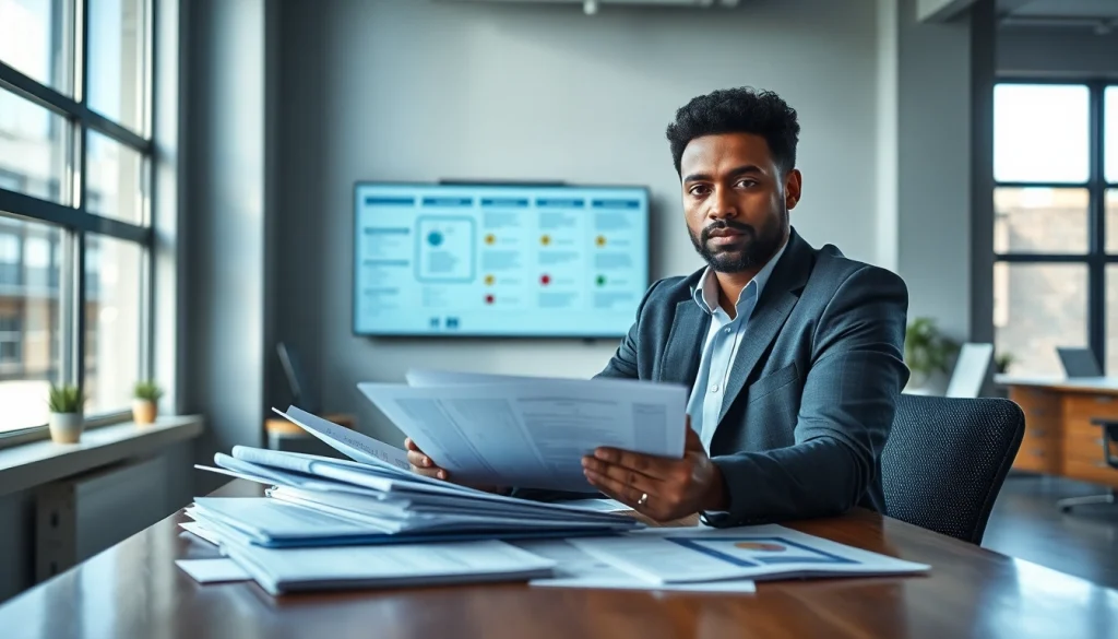 A crisis management consultant analyzing strategies in a modern office environment.