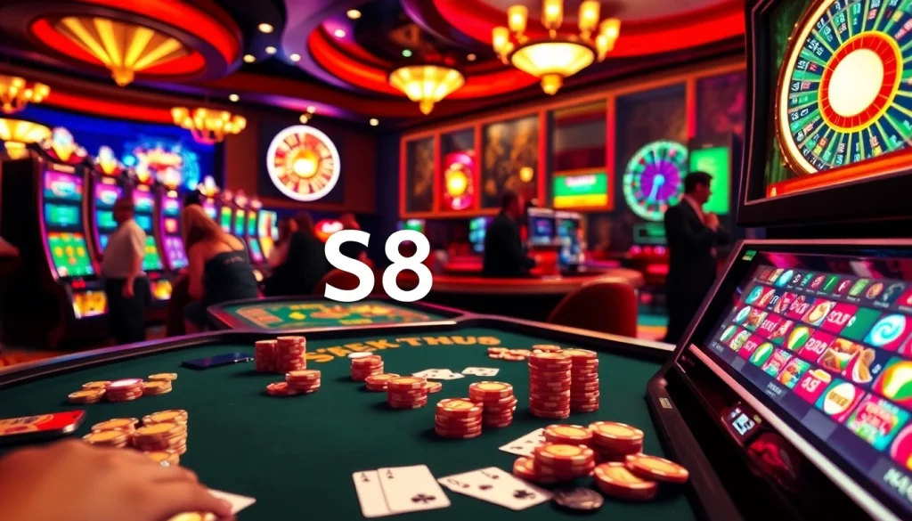 S8 casino players enjoying a vibrant game setting with poker chips and slot machines.
