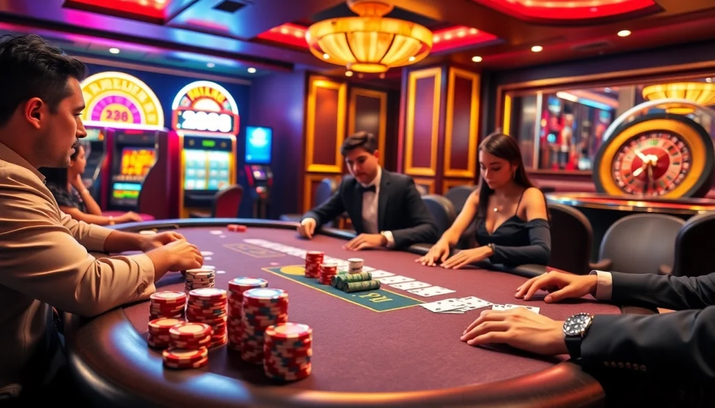 RR88 players enjoying intense moments at a luxurious casino poker table.