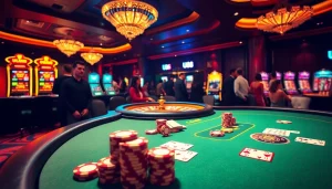 Gamblers enjoying high-stakes poker games at a luxurious U 888 casino.