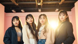 Blackpink members pose confidently in a glamorous studio, showcasing their unique styles.