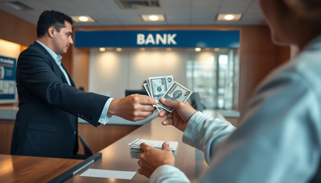 Deposit 1k di bank dengan seseorang menyerahkan uang tunai ke teller bank.