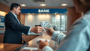 Deposit 1k di bank dengan seseorang menyerahkan uang tunai ke teller bank.